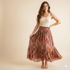 Reba Boho Maxi Skirt Womens Large L Tiered Ruffle Smocked Waist Ikat Print Brown